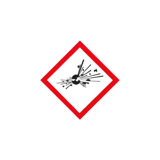 a white diamond with an object exploding pictogram in black with a thick red border