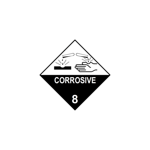 Corrosive Substance Label a black and white diamond with vials dripping a corrosive substance onto a surface and a hand in the top half, and CORROSIVE 8 in white on black in the bottom half