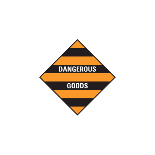 a yellow and black horizontally striped diamond with DANGEROUS GOODS in the white text on the two middle black lines with a thin black border