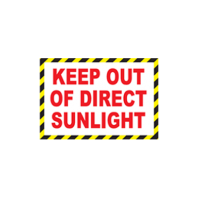a white rectangle with a black and yellow border and KEEP OUT OF DIRECT SUNLIGHT printed in red