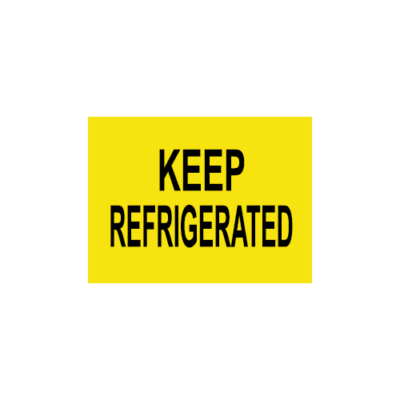 a black and yellow rectangle with KEEP REFRIGERATED