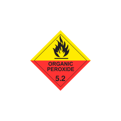 a diamond with a line with flames on top of it on the yellow top half and and ORGANIC PEROXIDE 5.2 in the red bottom half with a thin black border set in from the edge