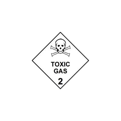 a diamond with a skull and crossbones symbol and TOXIC GAS 2 with a thin black border set in from the edge