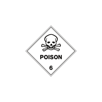 a diamond with a skull and crossbones symbol and POISON 6 with a thin black border set in from the edge